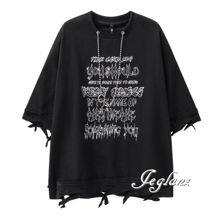 2色 チェーン付き グランジ ロゴ Tシャツ ダメージ ユニセックス(MC490)β