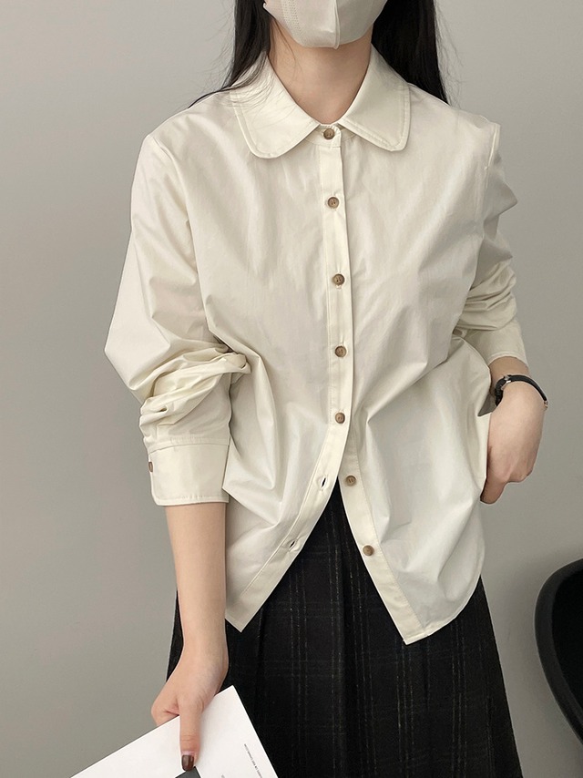 <3カラー>シャツ ブラウス 長袖 丸襟 シンプル ロングスリーブ カジュアル