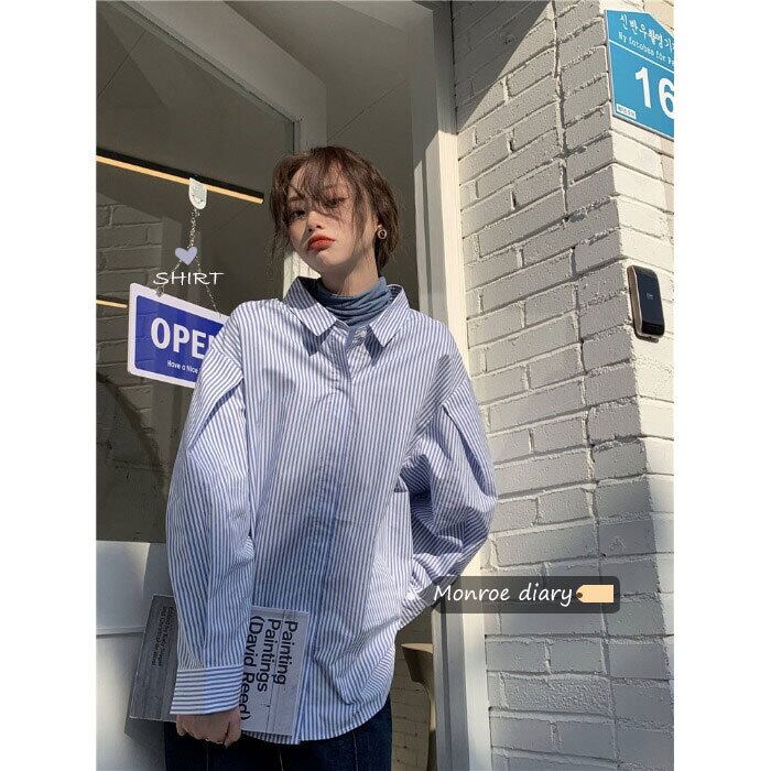 スタイルストライプシャツ レディーススプリングルーズジャケット トップス ロング 春物 モンロー76406865424