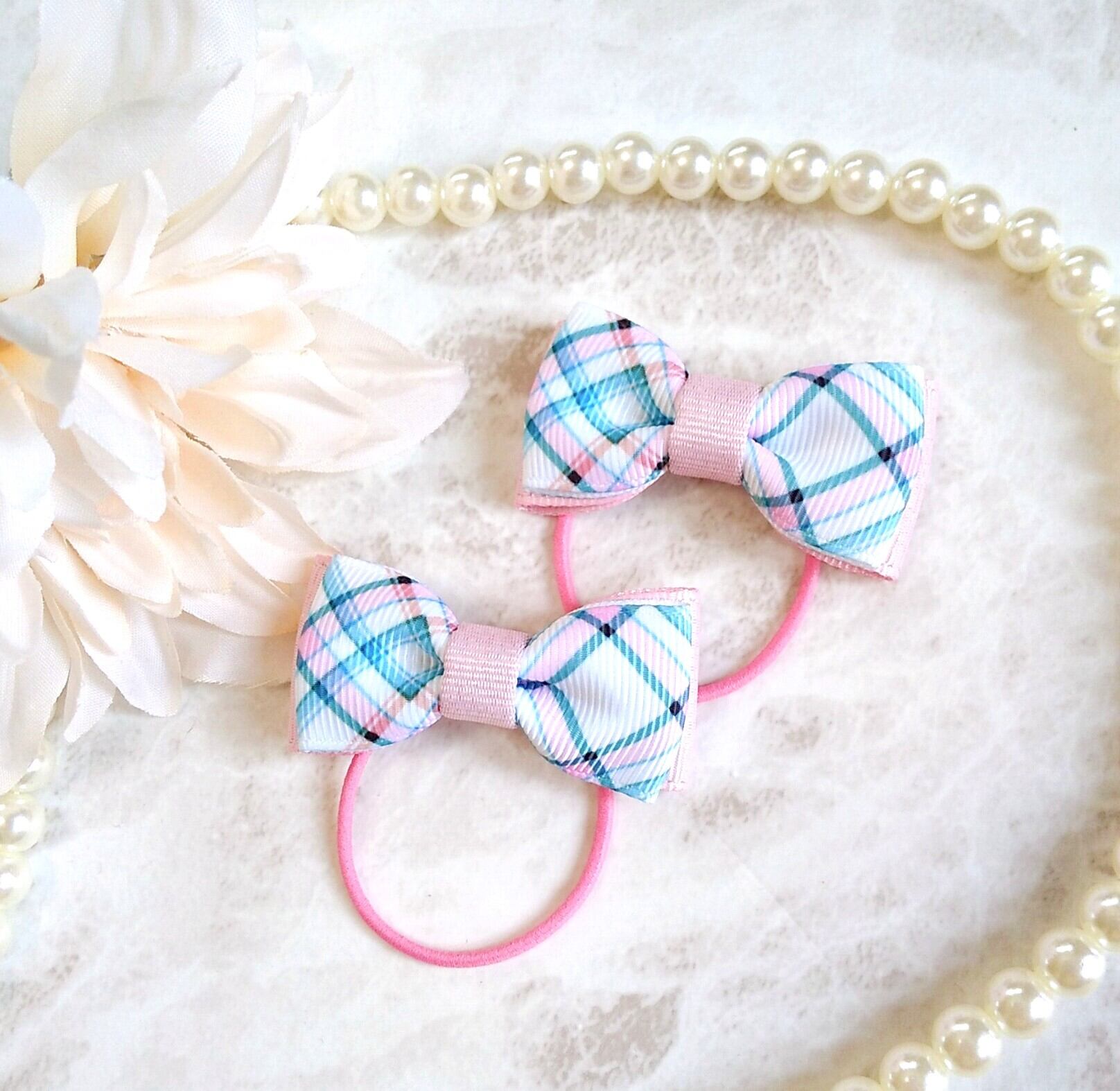 ぷちヘアゴム】 アイドル風 チェックピンクのリボン 2個セット