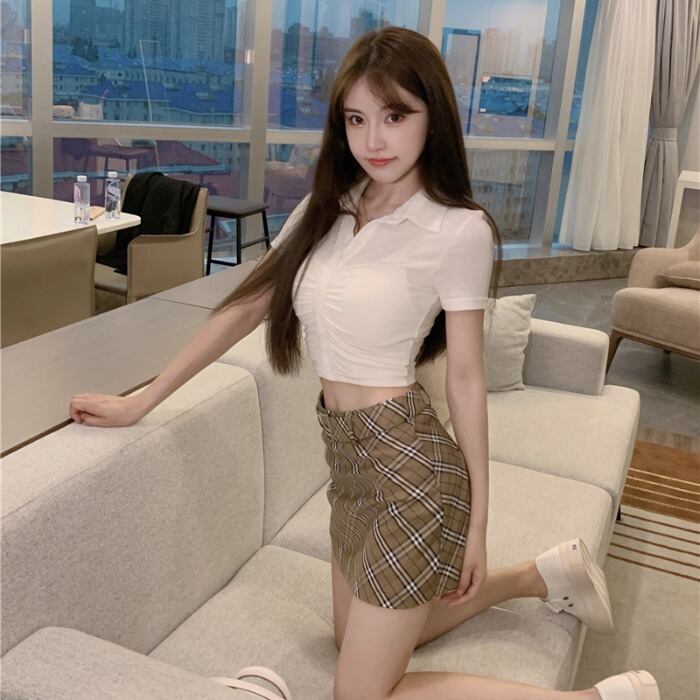 プリーツショートTシャツ 格子柄ハイウェストスカート サマーレディース 夏物 ドラファッションホール90561422135