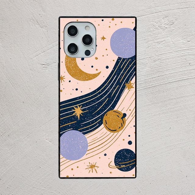 受注生産 iPhoneケース ピンク背景の月と惑星軌道柄｜天体モチーフ STAR069B
