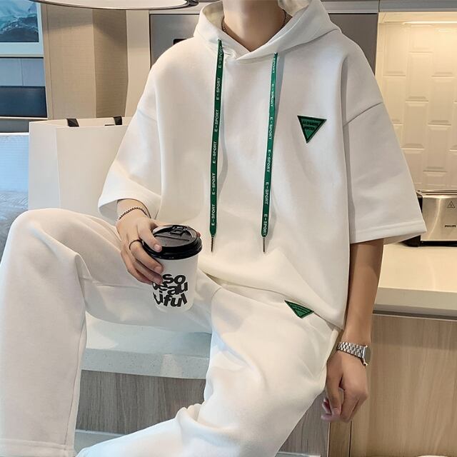【予約販売】メンズ セットアップ 無地 5分袖 フーディー パーカー ブラック ホワイト バイカラー スエット カジュアル 男前 パンツ セット ジャージ ジム スポーティー ダンス ジム 韓国 トレンド 大きいサイズ M/L/XL/2XL