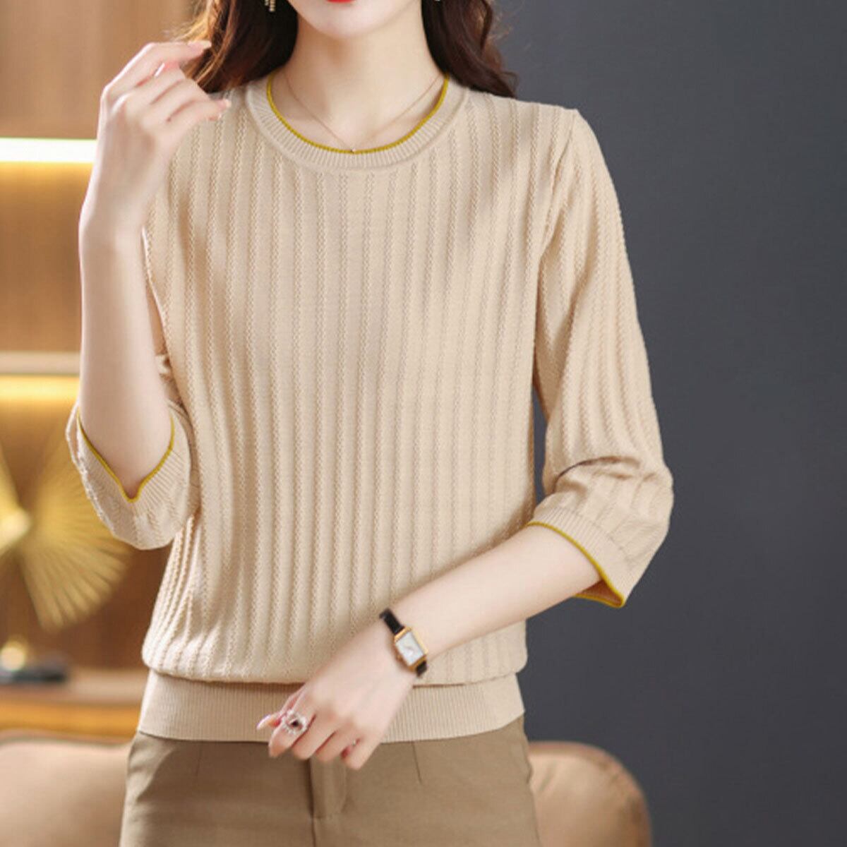 透かし編み ニット 七分袖 レディース 春夏 韓国 リブニット きれいめ シンプル 大人 カジュアル おしゃれ クルーネック トップス インナー サマーニット 大人可愛い 大人女子