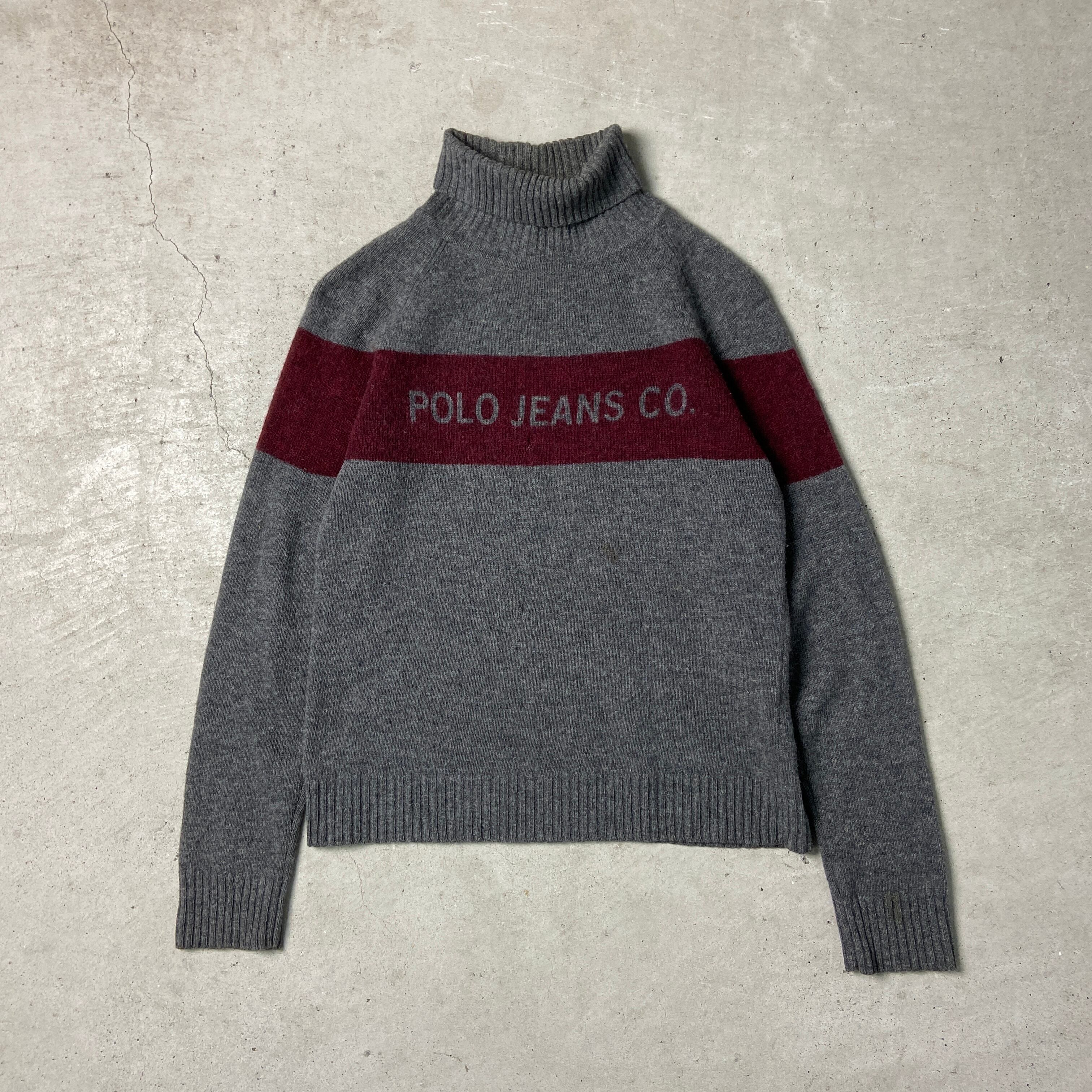 Polo Jeans Co. Ralph Lauren ラムウールニットセーター タートルネック メンズXL相当 古着 ポロジーンズ ラルフローレン  オールドラルフローレン グレー ワインレッド【ニットセーター】/グレー | cave 古着屋【公式】古着通販サイト