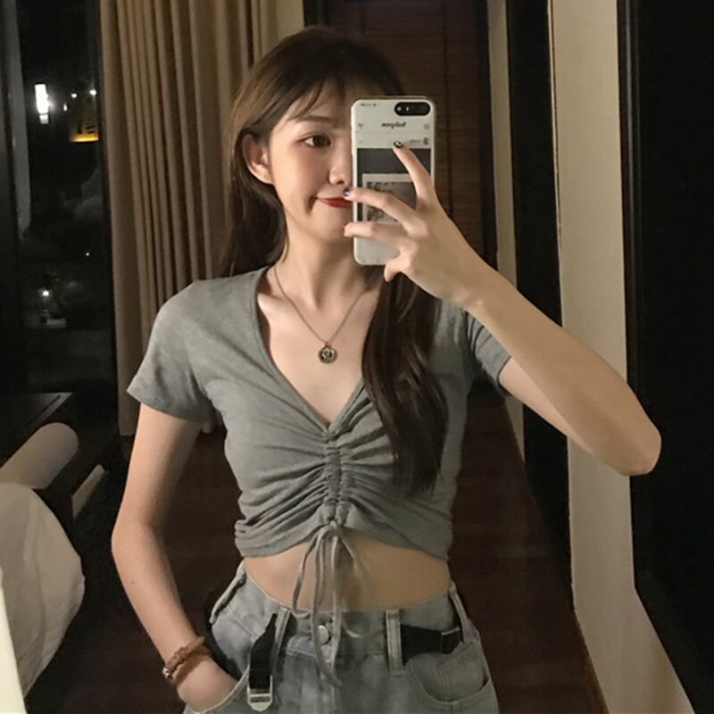 オールマッチシックレトロサマーニュー無地スリムスリミングショートVネック半袖Tシャツ気質女性潮 YY-ファッション79243883626