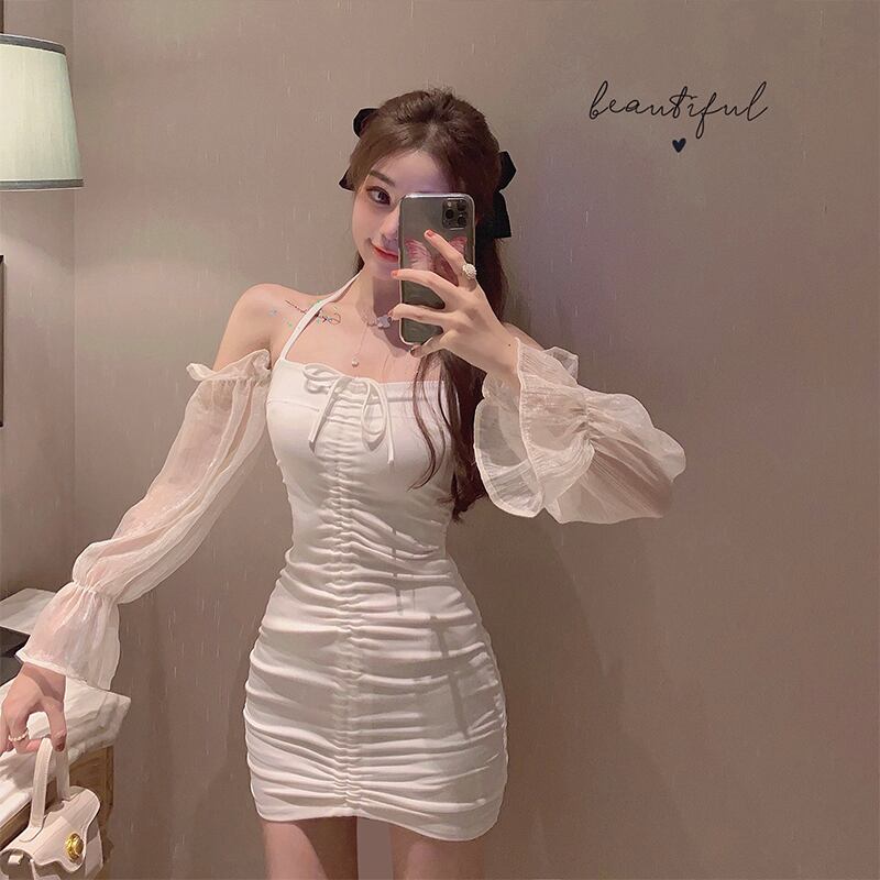 ハンギングネックスリングホワイトドレス女性初秋セクシータイトフィットヒップスカート2020新しい長袖気質スカート ブラックストロベリース97917282467