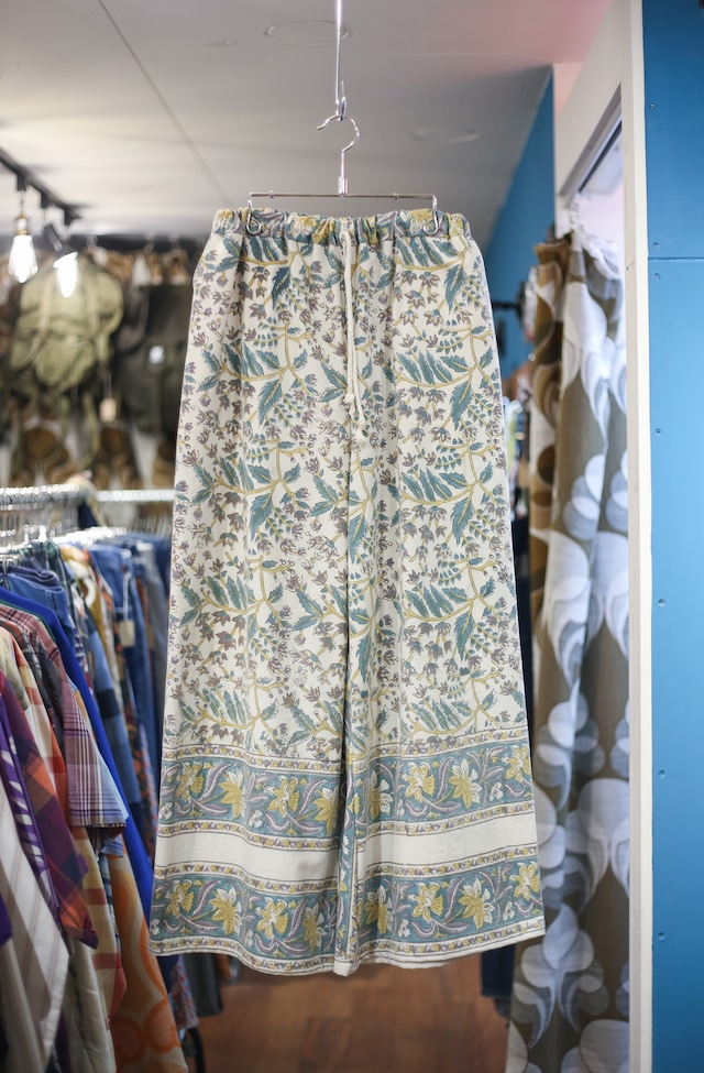 Remake wide flare pants “botanical print Indian cotton ”