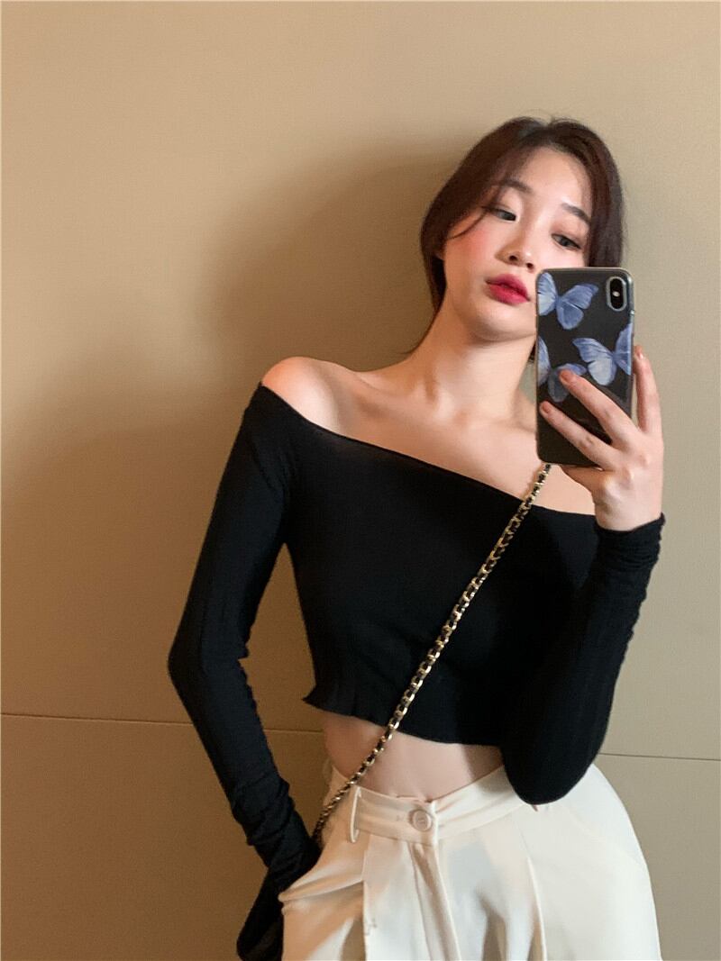 ワンショルダーセクシーショートクロップドへそタイトフィット長袖ニットTシャツレディース秋のインナーウェアベースシャツブラックトップ ブラックストロベリース29929525857