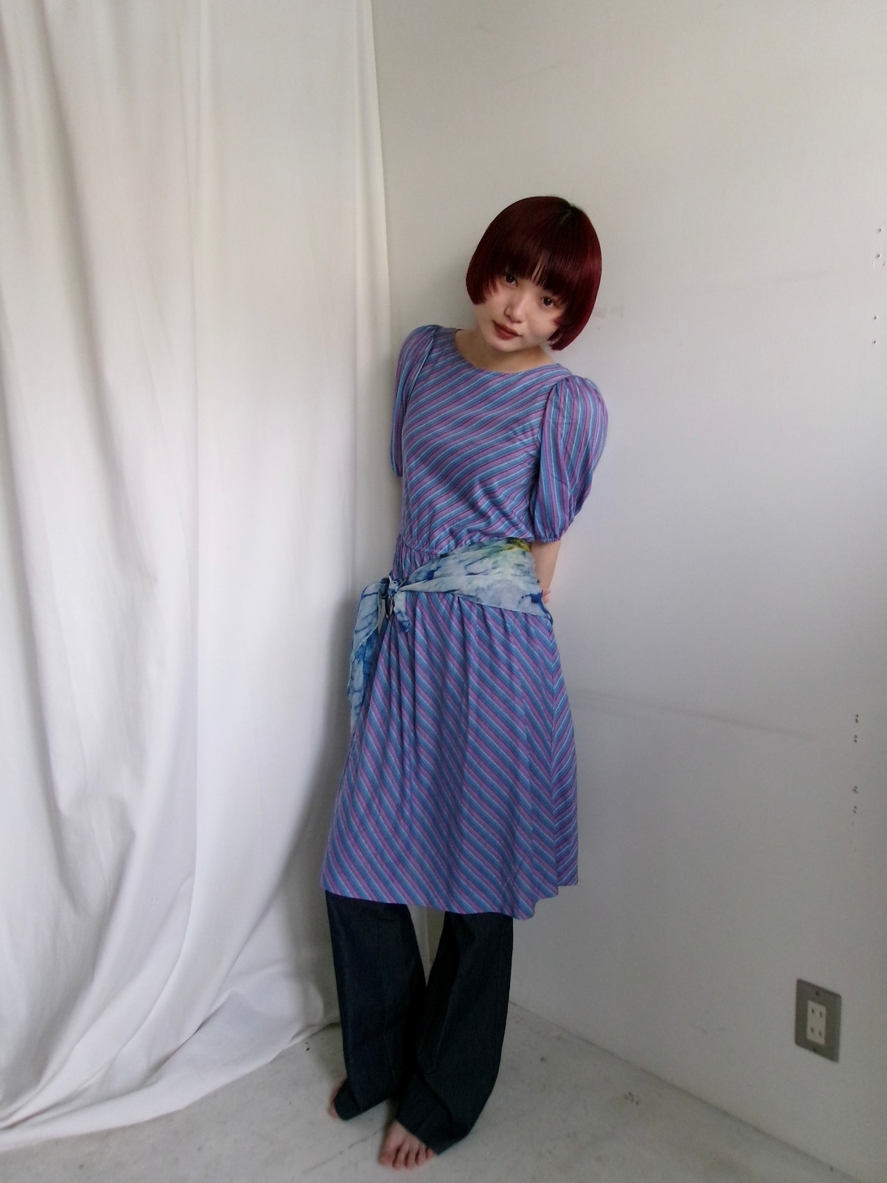 80’s Half sleeve strip pattern dress Made in U.S.A