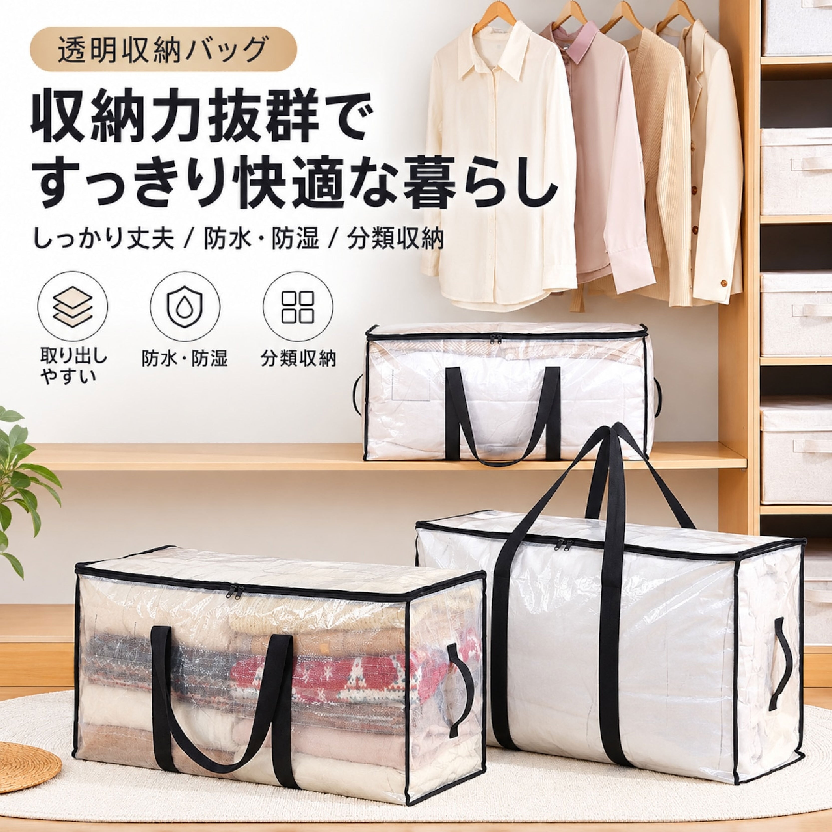 LZ 1132 .【3個セット】透明衣類収納バッグ ｜大容量・防水防湿・中身