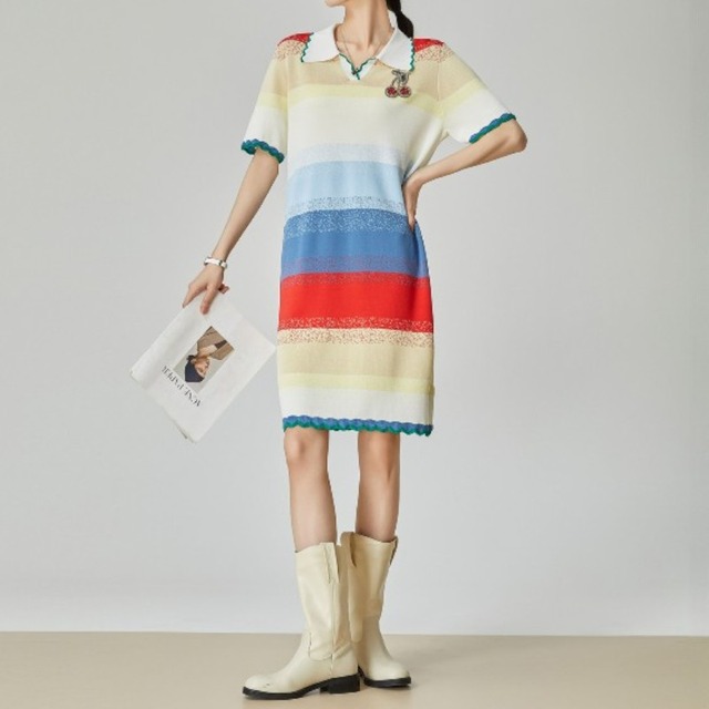 rainbow color stripe gradient and diamond cherry long T-shirt dress 0971