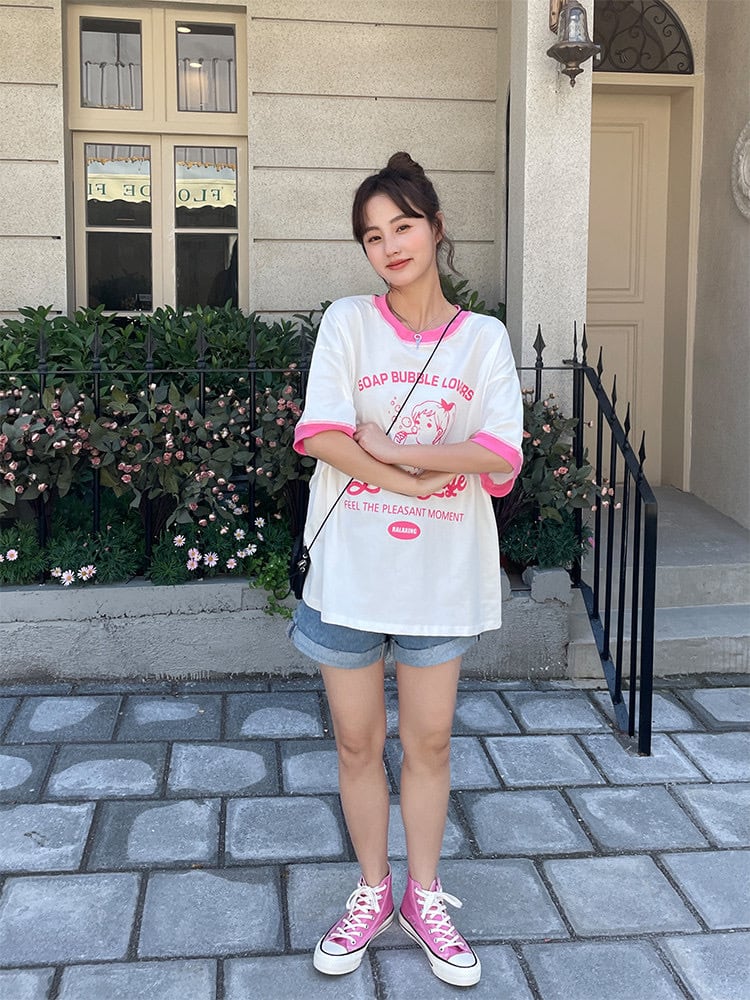 XL〜4XL】ガーリー 可愛い ピンク 白 柄 姫 Tシャツ ラインストーン