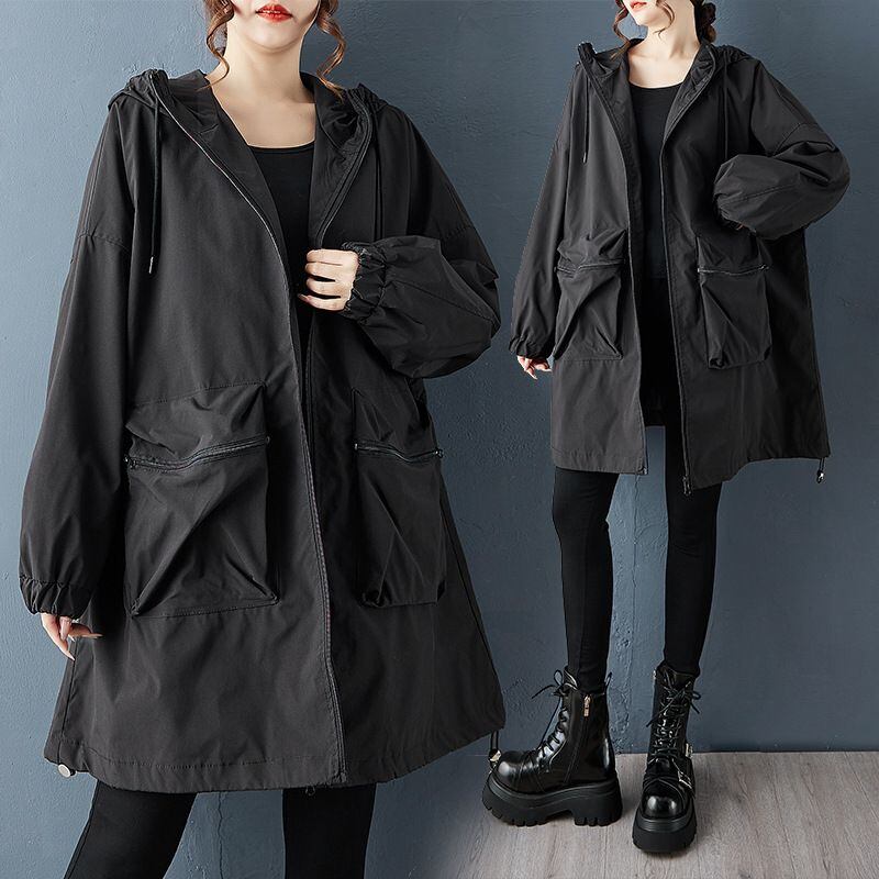 BLACK HOODED FULLZIP MIDI WINDBREAKER COAT 1color M-15760