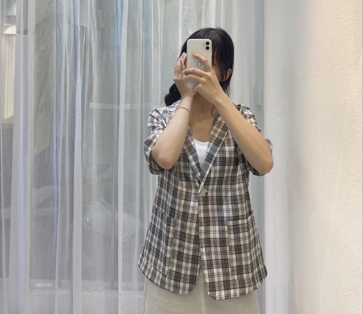 ５分袖　チェックジャケット　AJ5Z5039-938