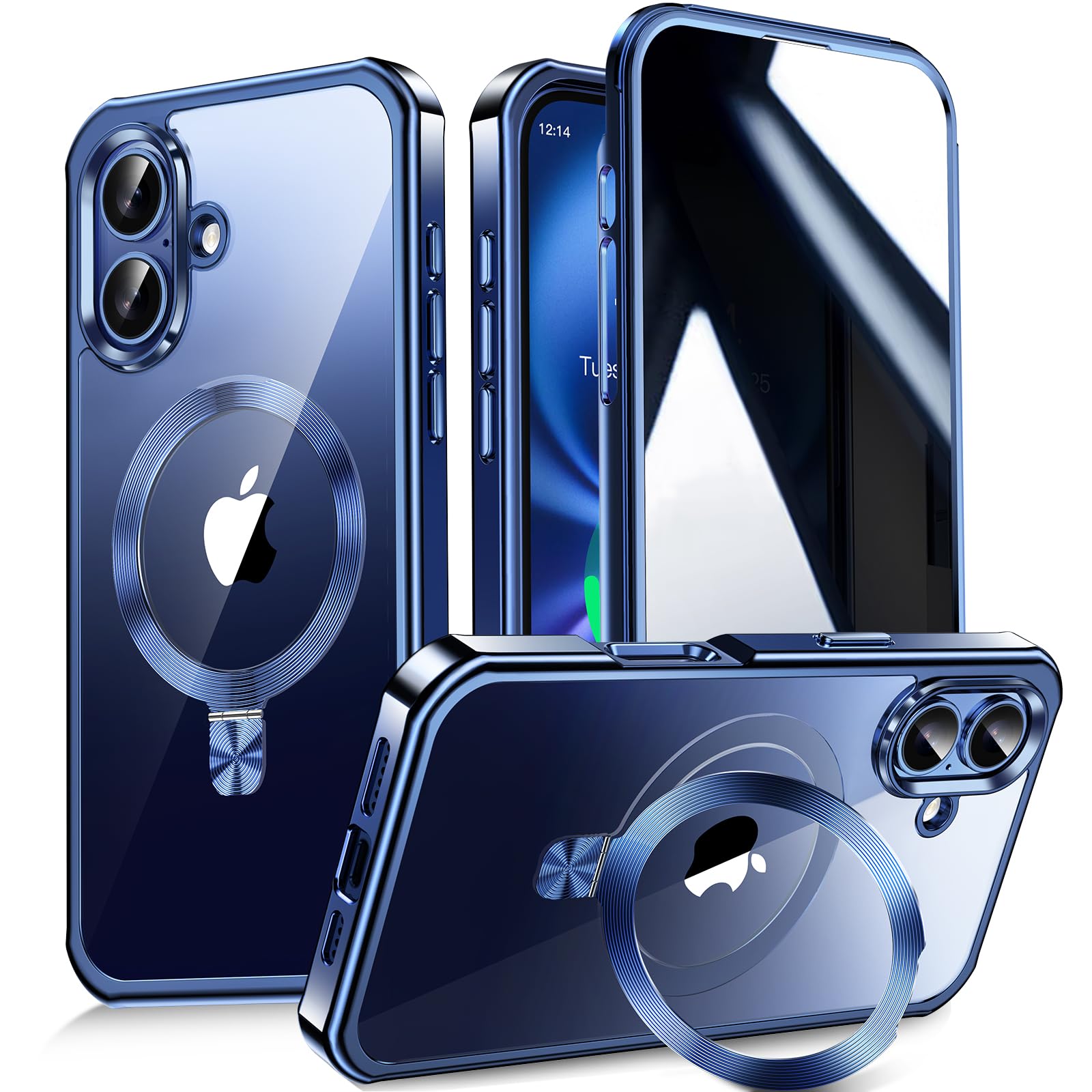 【多機能隠しスタンド・マグセーフ対応・覗き見防止】WTAIYUN iPhone 17 用 ケース 全面保護 CDリング 縦横両立 米軍規格-ブルー