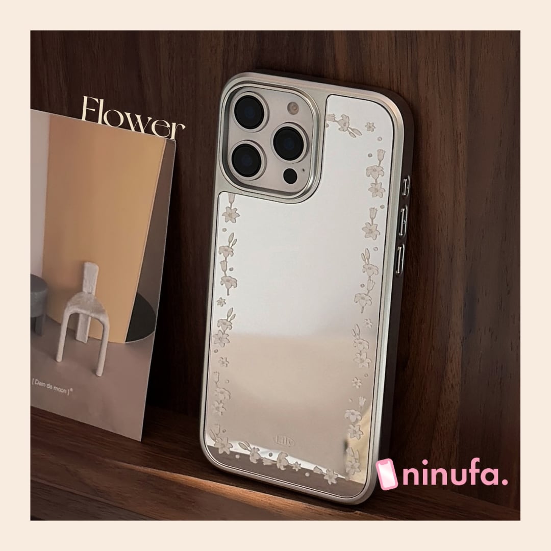 【iPhone17-11まで対応】美しい背面ミラー◎ユリの花 オールシルバー おしゃれ 韓国ケース フラワー柄 鏡面 スマホケース ND-16571