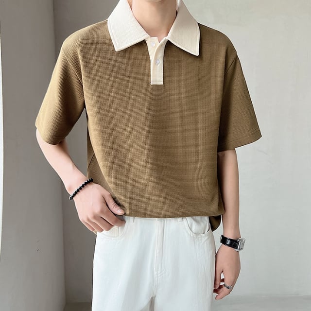 【予約販売】ポロシャツ 半袖 シャツ メンズ ベージュ アイボリー 無地 こなれ感 カジュアル シンプル モード お洒落 韓国 トレンド 春 夏 M/L/XL/2XL