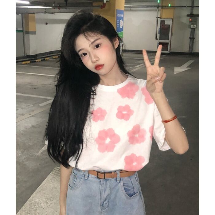 サマールーズスタンダードプリントカジュアルTシャツ ラウンドネックトップス レトロ 夏物 Oネック ケッペル67195768681