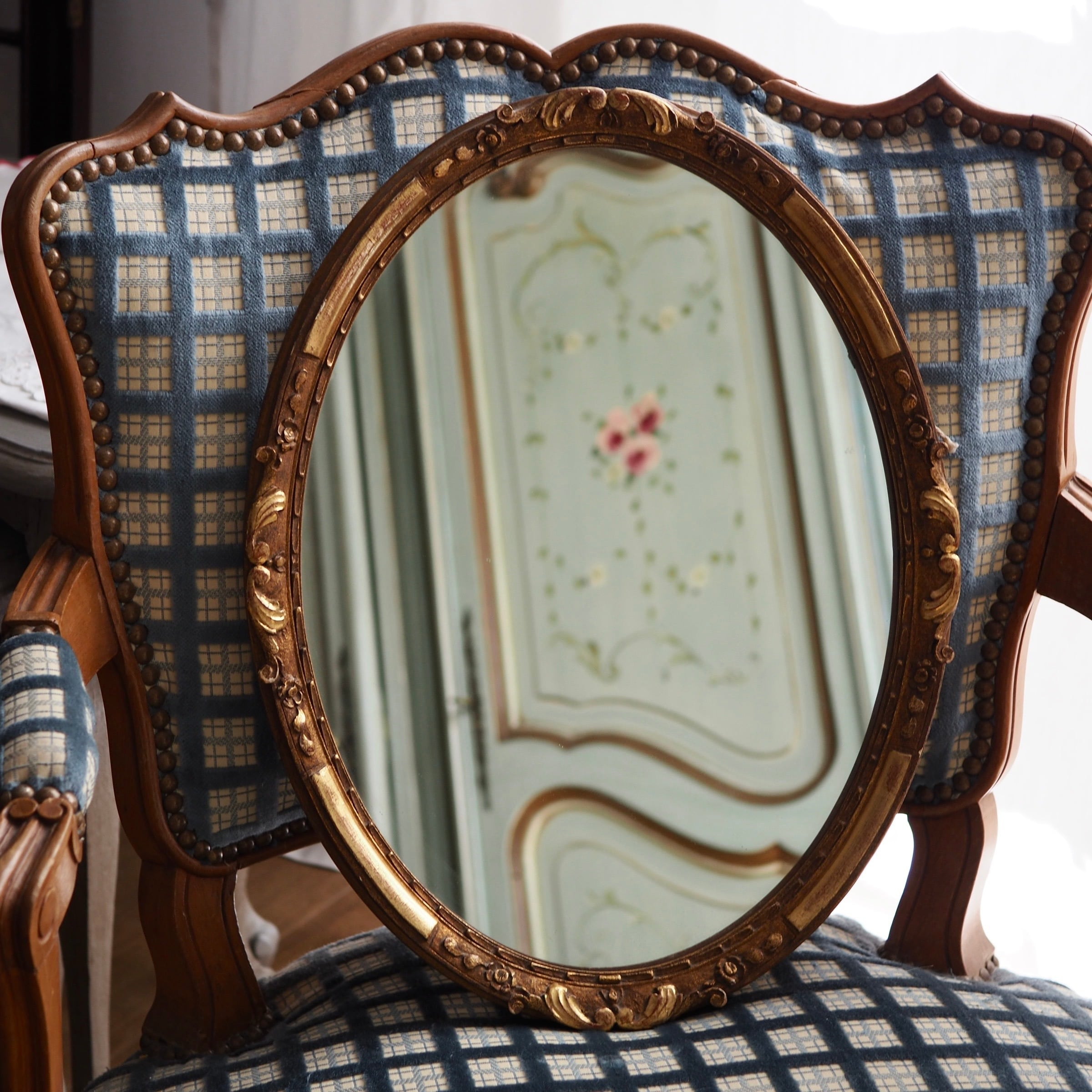 アンティーク木製オーバルミラー