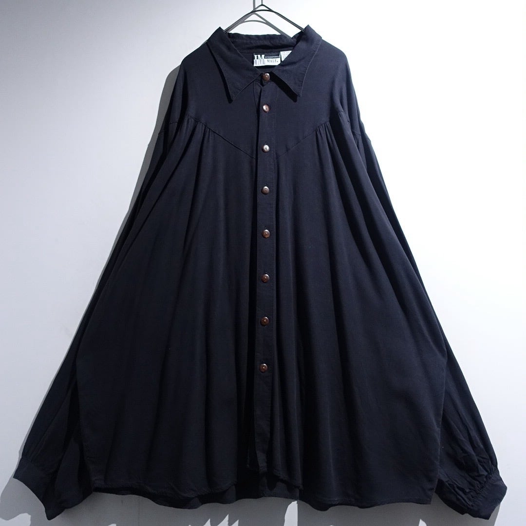 90s Black Gathered Drape Dolman Sleeve Design Rayon Shirt