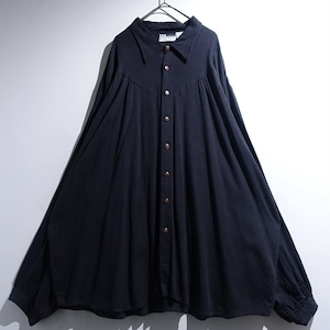90s Black Gathered Drape Dolman Sleeve Design Rayon Shirt