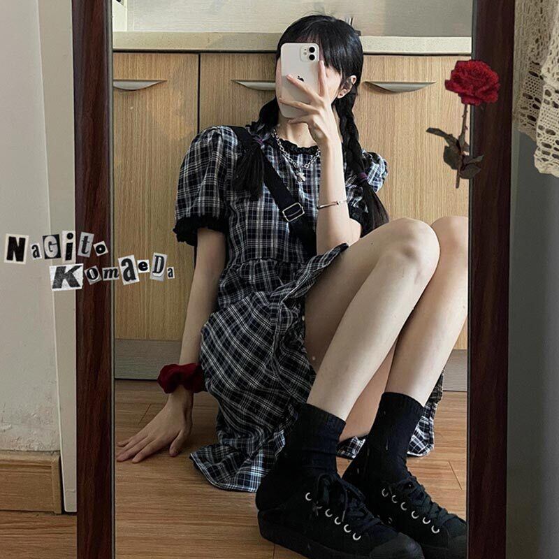 ウェスト格子柄ドレス サマーサイドAラインスカート 夏物 萌量不足7074803008