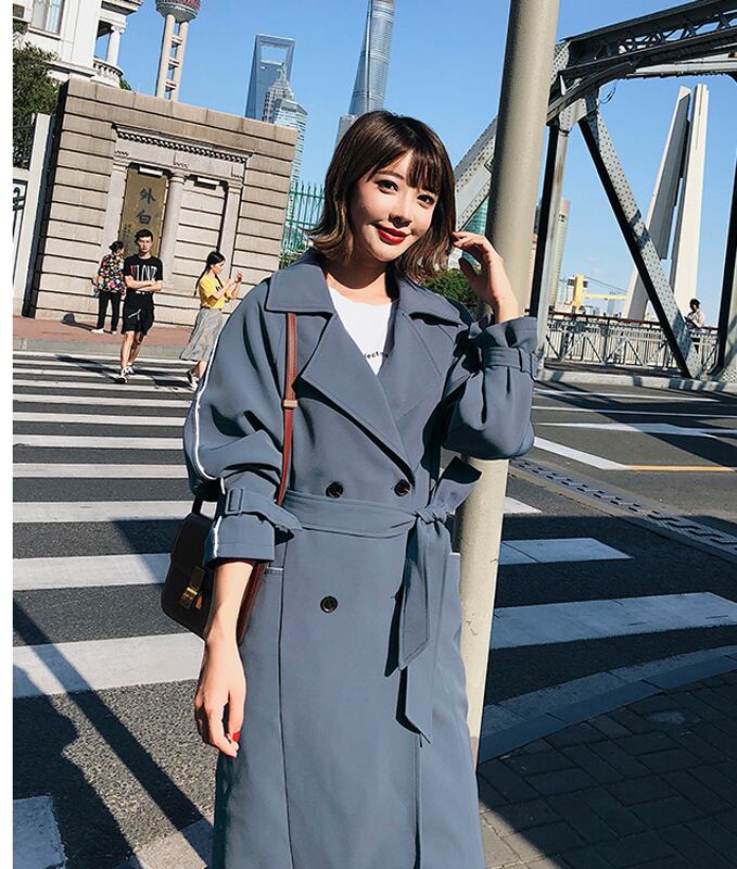 トレンチコート アウター レディースファション ロングコート 春服 カジュアル ゆったり 韓国風 着痩せ 高見せ ロング丈 長袖 シングルブレスト ベルト付き ブルー ブラック S M L Elegant