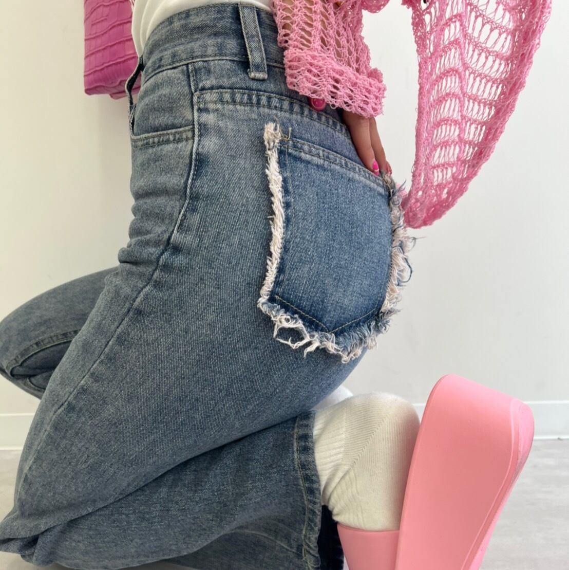 fringe pocket high-waist jeans_LN01375