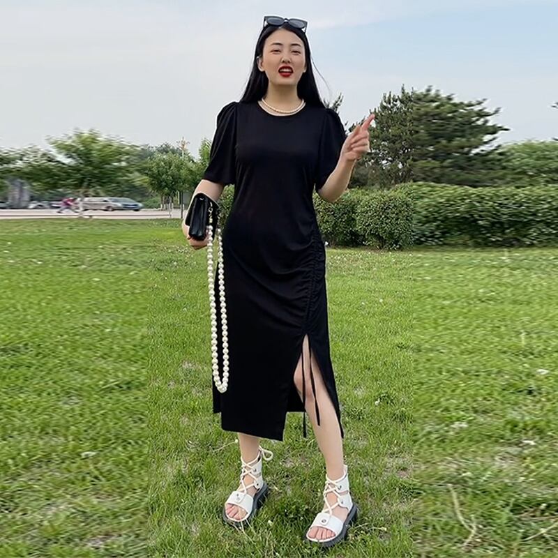 サマーロングスカート サイドスリットドレス カジュアルスリム 大きめサイズ 夏物 ミックスインファッション59618877709