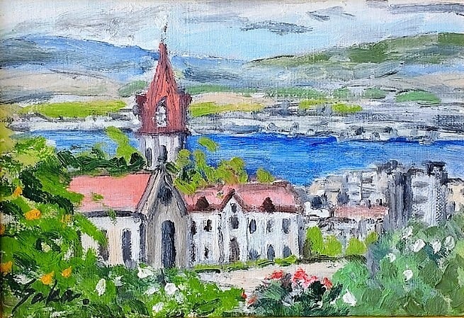 坂元輝行「教会のある風景」油絵 額縁外寸39.5x32.5x厚み6.0cm 絵 SM