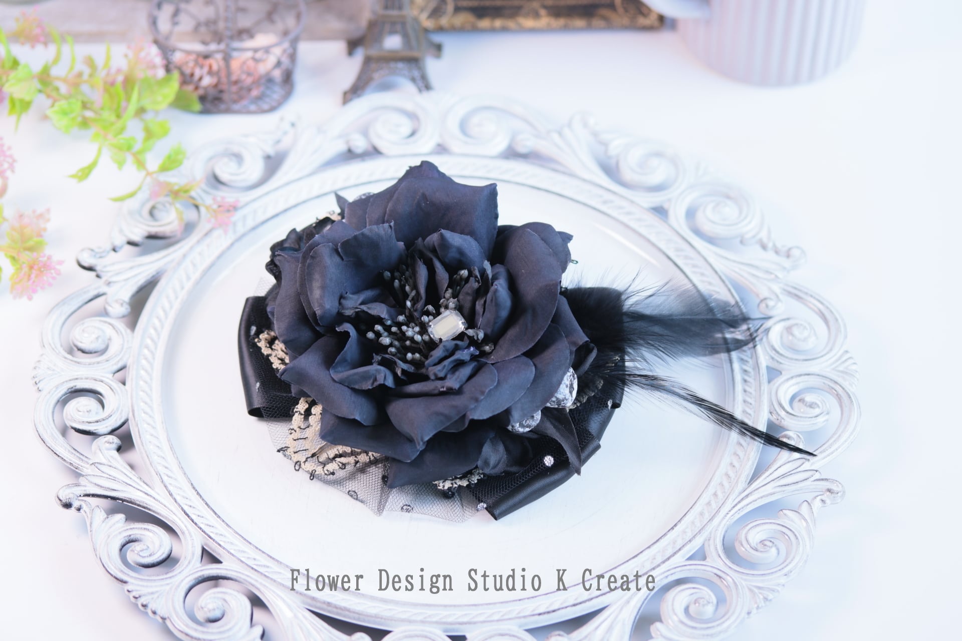 黒い薔薇のリボンヘアクリップ（L） 黒 成人式 卒業袴 ゴシック