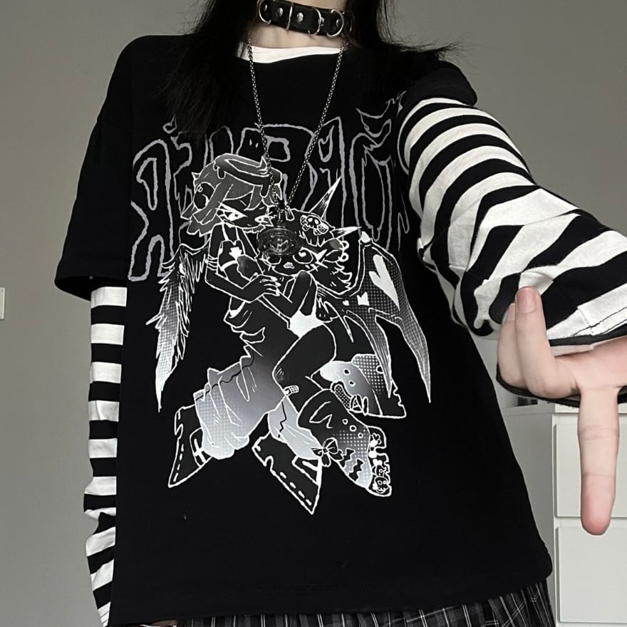 サブカル 服 地雷系 通販 Tシャツ フェイクツーピース ボーダー袖