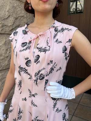 50's black×pink novelty print dress