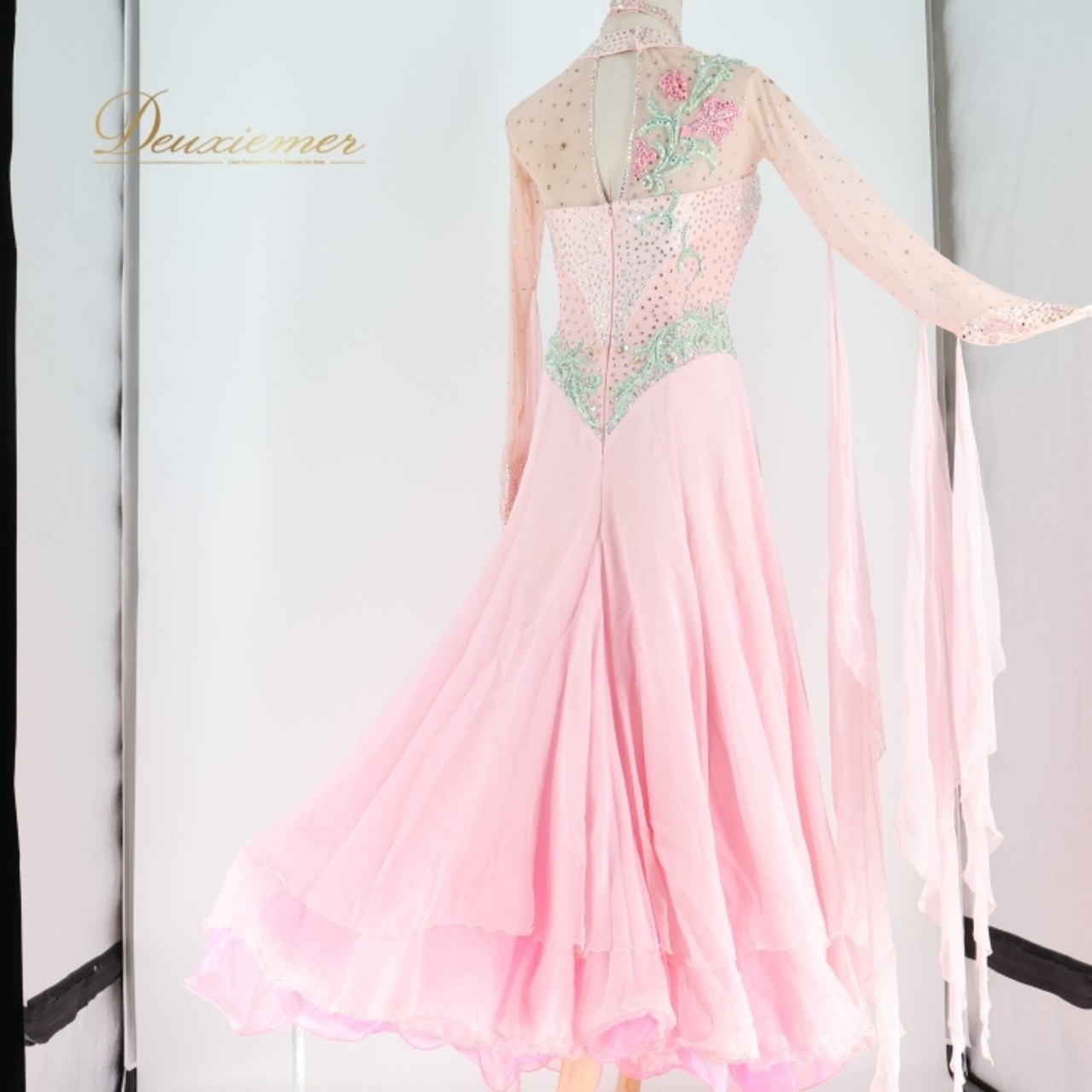 社交ダンス 衣装 白樺ドレス スタンダードドレス ワンピース ドレス スタンダード フロート レース デモ 競技 ダンス パーティ 発表会 明るい 綺麗 グリーン系 女性用 発表会用ドレス おしゃれ フェミニン 競技用衣装 レディース