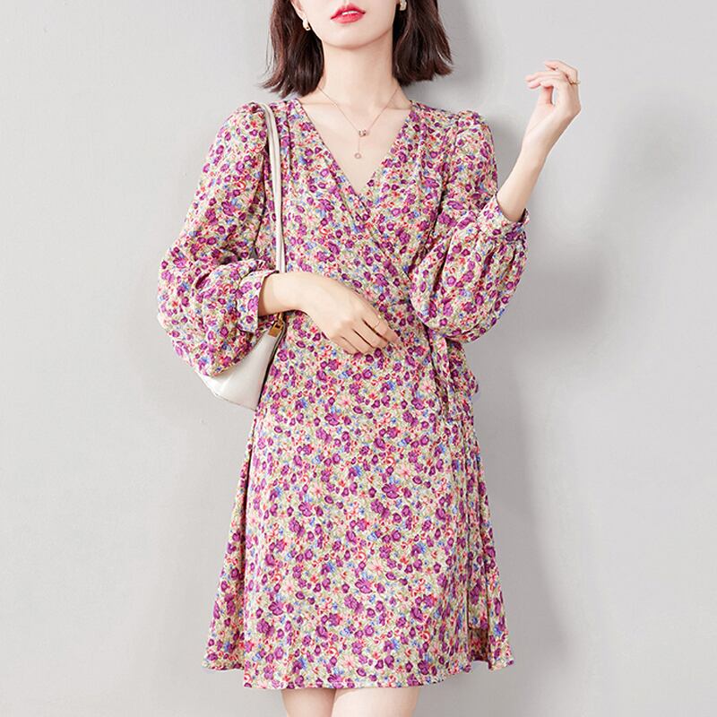 ワンピース 韓国系 ファッション Vネック プルオーバー 花柄ワンピース ショート丈 可愛い ピンク系 Miyabigo ワンピース 韓国系 ファッション Vネック プルオーバー 花柄ワンピース ショート丈 可愛い ピンク系 Miyabigo