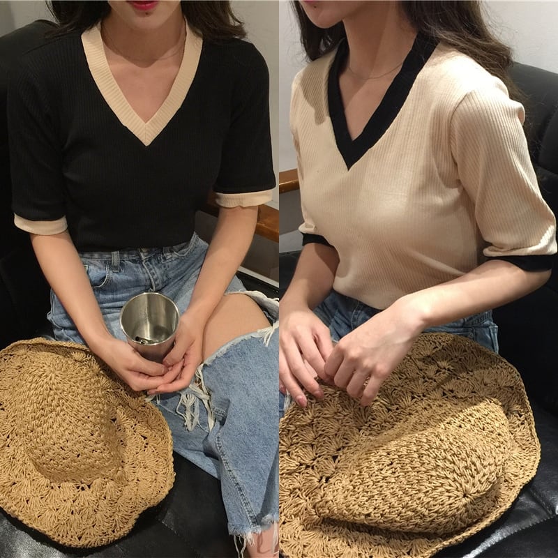 半袖 Vネック バイカラー リブ カットソー