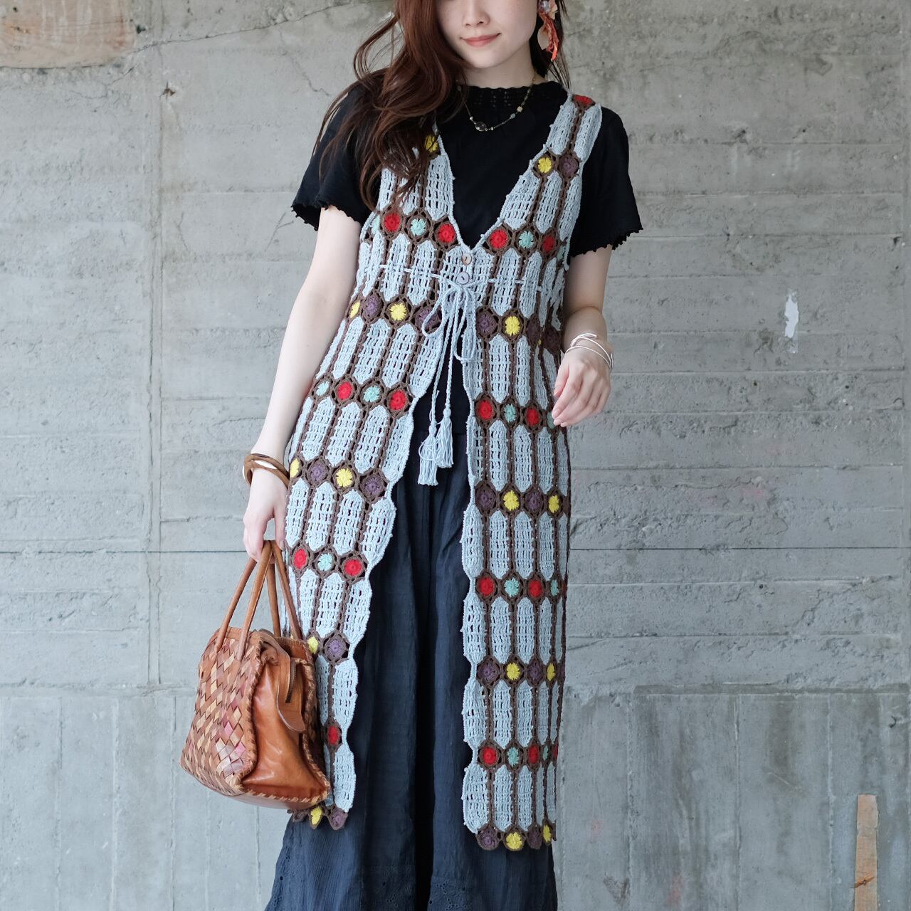 前後2way!ステンドグラスニットロングベスト (24s-03)ライトブルー