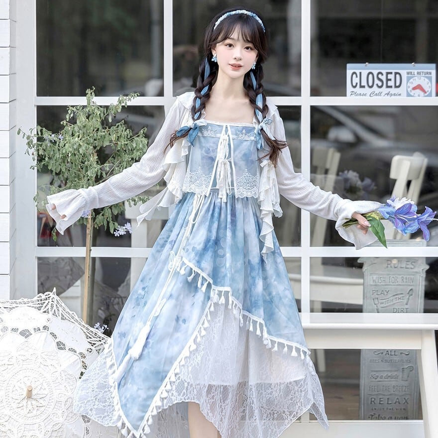 ボレロ付きJSKワンピース 水色レース アシメヘム ロリータ風