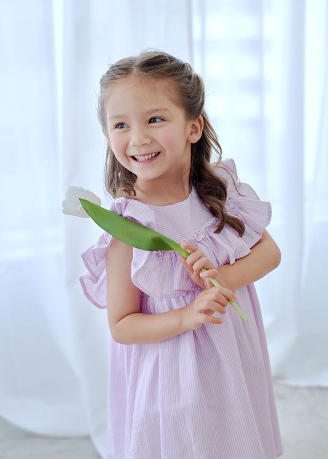 スクエアビッグフリルワンピース〈Purple stripe〉