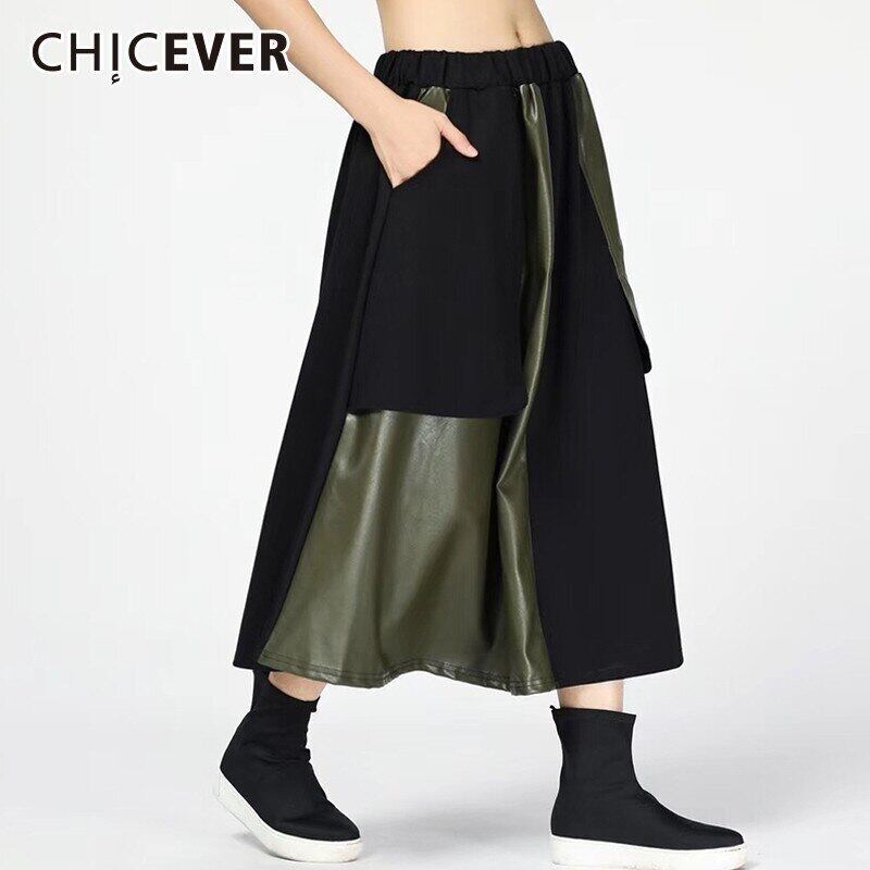 CHICEVERパッチワークPUスカート女性の伸縮性ウエストヒットカラールーズオーバーサイズの女性のスカート秋の服 エラスティック オータム 秋物 6base511341509896