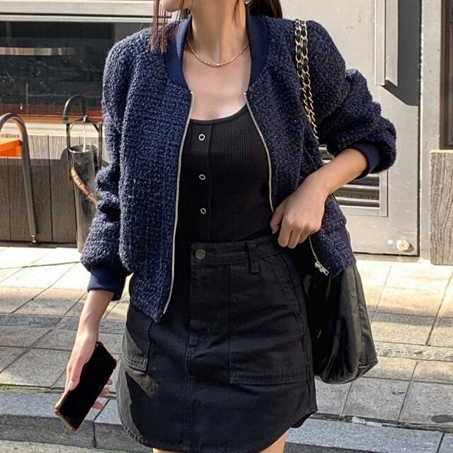 予約販売】ブルゾン レディース ショート丈 ツイード ネイビー ピンク