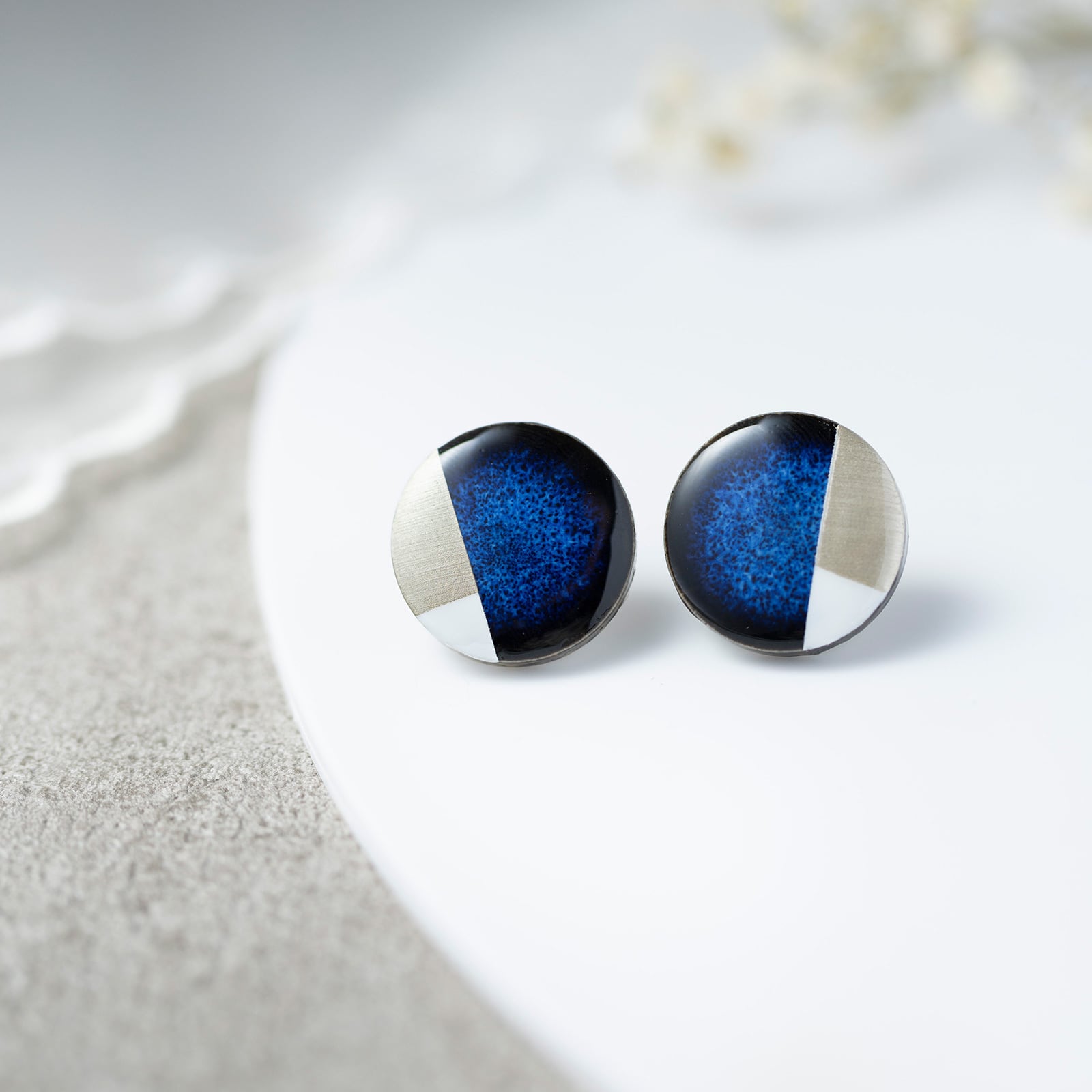 美濃焼陶器 レクタングルモダン ピアス / イヤリング|藍(あい)