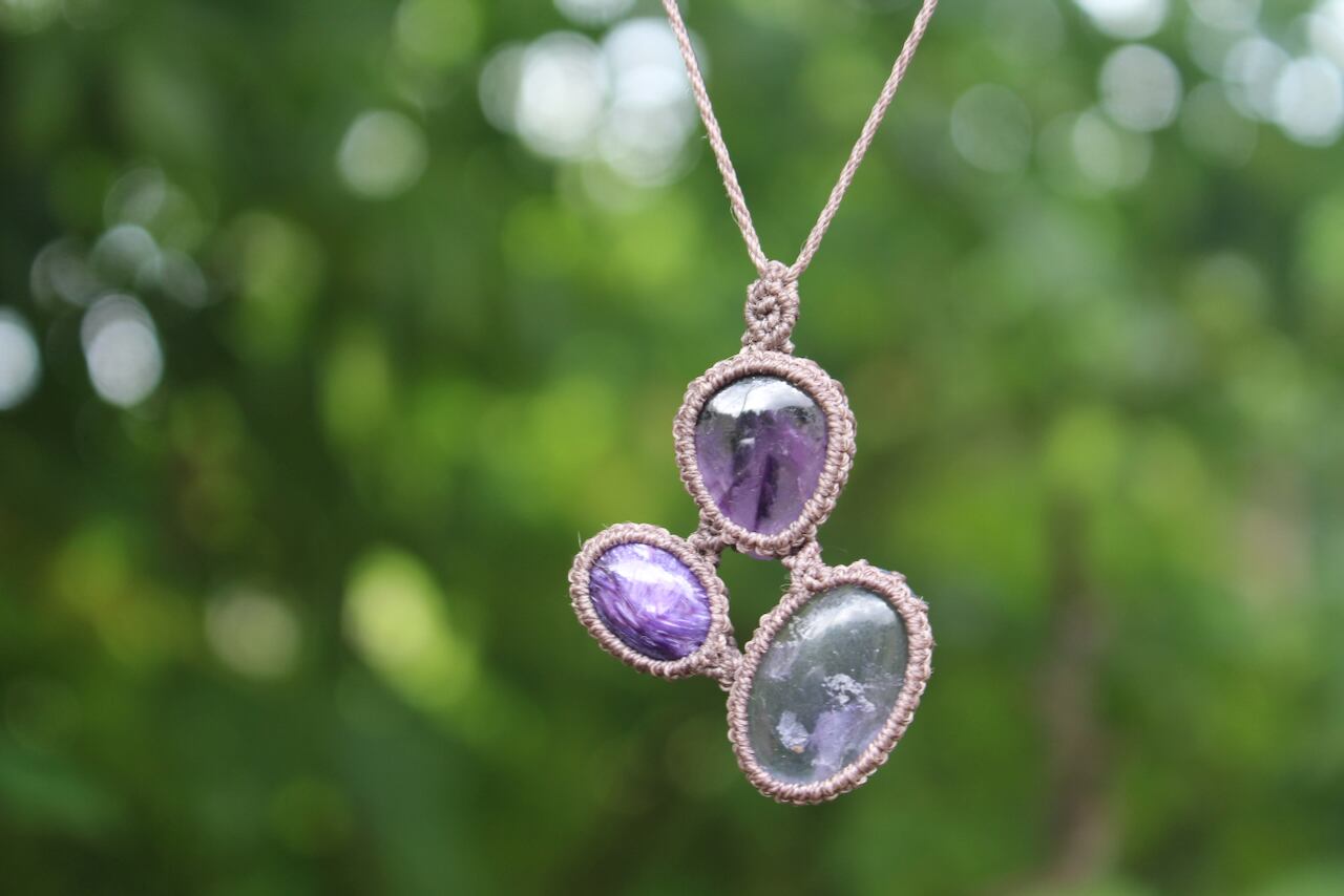 Fluorite & Charoite & Amethyst micro macrame pendant