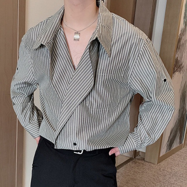 Big Collar Design Stripe Shirt【L0308】