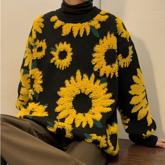 予約販売】ニット セーター オーバーサイズ ヒマワリ柄 花柄 