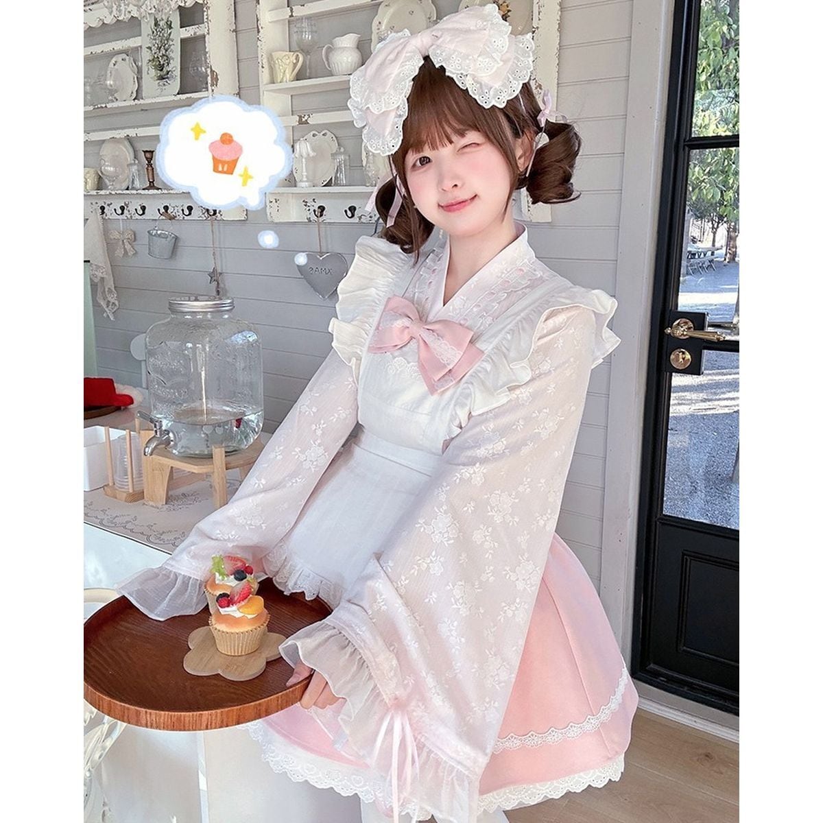 ピンクフリル付きメイド服 和風ピンクフリルメイド服セット | Maiden's Rêve
