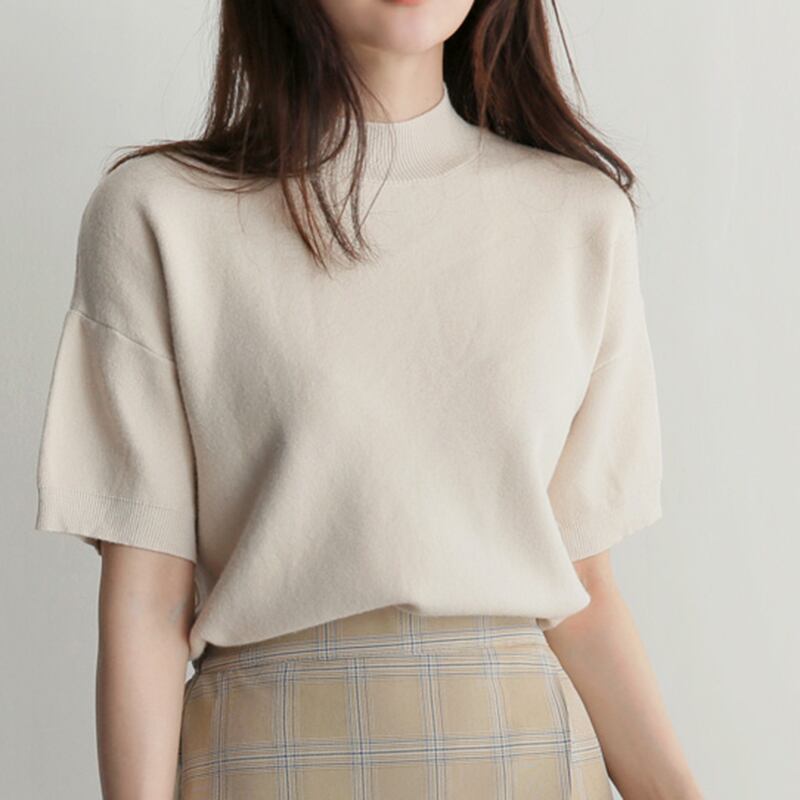 ハイネック 半袖 無地 セーター