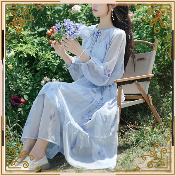 フラワーシースルーシフォン+スリップセットワンピース♪ ♢シースルーのブルーシフォンワンピース♢ trnd999 | Re:tro