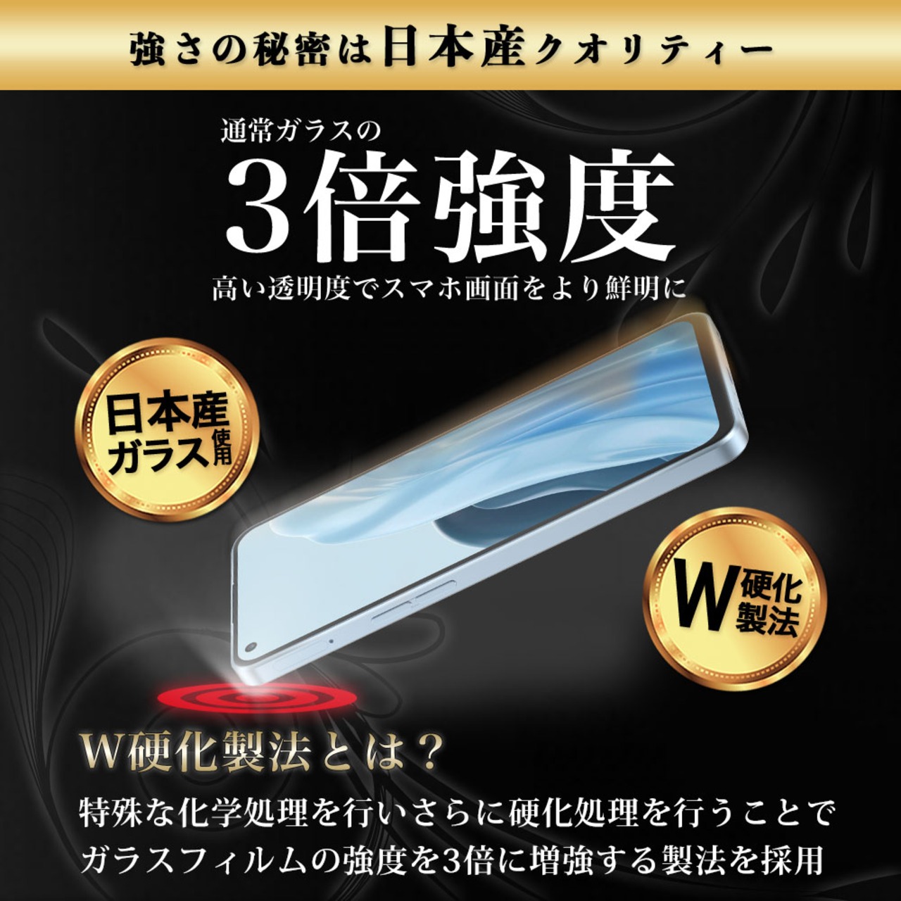 Hy+ OPPO Reno7 A フィルム OPG04 ガラスフィルム W硬化製法 一般ガラスの3倍強度 全面保護 全面吸着 日本産ガラス使用 厚み0.33mm ブラック